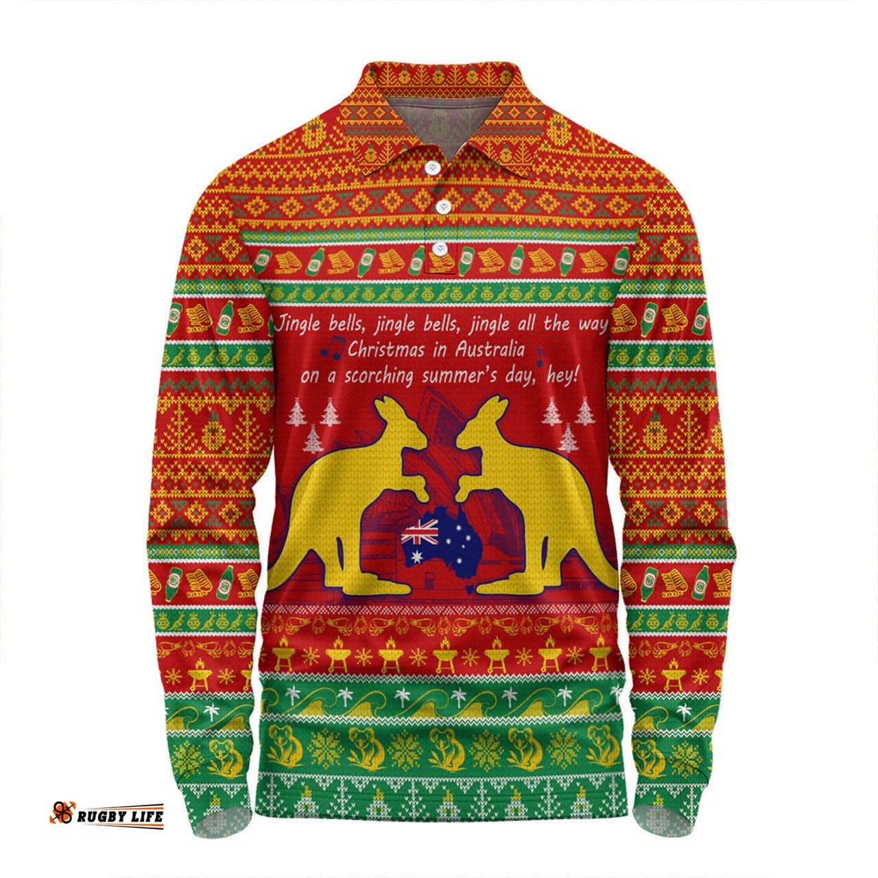 Australian Christmas Carol Christmas Long Sleeve Polo Shirt - Jingle Bells Ugly Style V2 Long Sleeve Polo Shirt