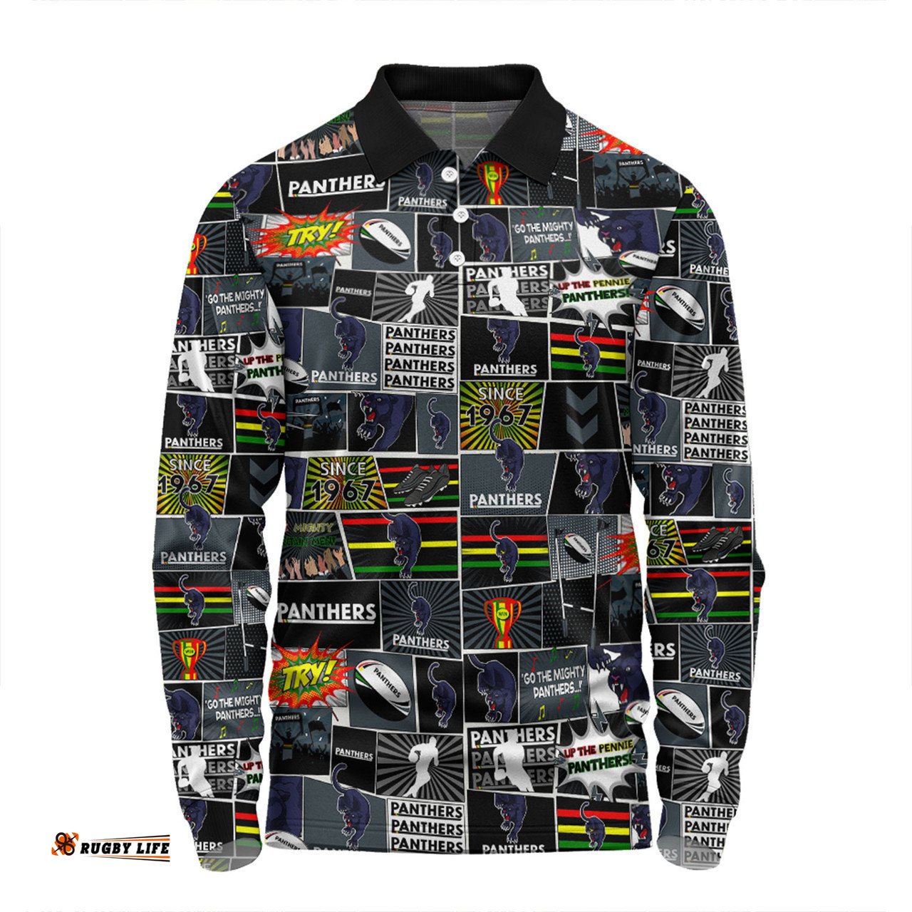 Penrith Panthers Long Sleeve Polo Shirt - Team Of Us Die Hard Fan Supporters Comic Style Long Sleeve Polo Shirt