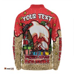 Redcliffe Dolphins Christmas Custom Long Sleeve Polo Shirt - Merry Christmas Our Beloved Team With Aboriginal Dot Art Pattern Long Sleeve Polo Shirt