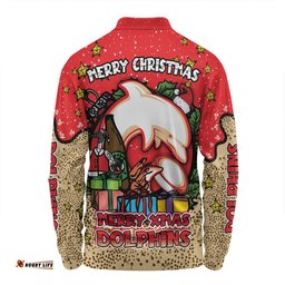 Redcliffe Dolphins Christmas Custom Long Sleeve Polo Shirt - Merry Christmas Our Beloved Team With Aboriginal Dot Art Pattern Long Sleeve Polo Shirt