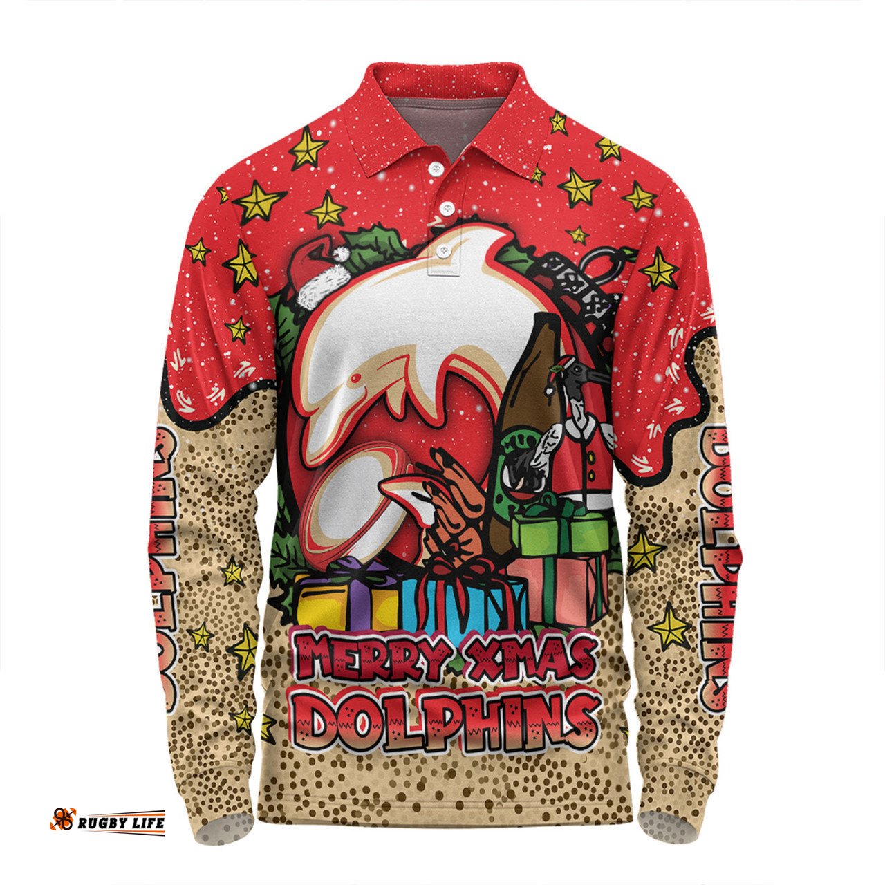 Redcliffe Dolphins Christmas Custom Long Sleeve Polo Shirt - Merry Christmas Our Beloved Team With Aboriginal Dot Art Pattern Long Sleeve Polo Shirt