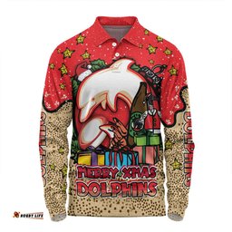Redcliffe Dolphins Christmas Custom Long Sleeve Polo Shirt - Merry Christmas Our Beloved Team With Aboriginal Dot Art Pattern Long Sleeve Polo Shirt