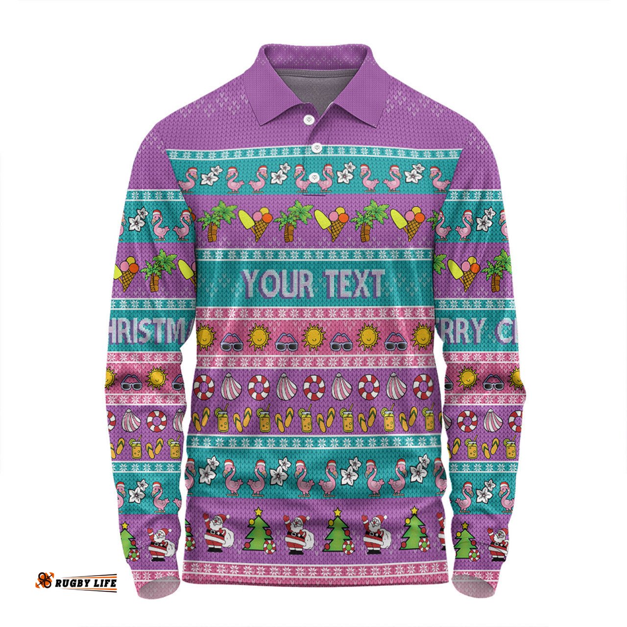 Australia Christmas Custom Long Sleeve Polo Shirt - Aussie Christmas Flamingo Summer Vibes Purple Long Sleeve Polo Shirt