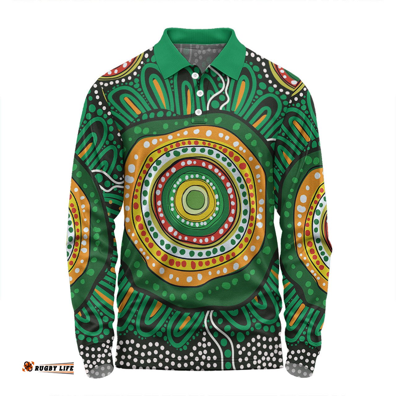 Australia Aboriginal Long Sleeve Polo Shirt - Green Aboriginal Style Dot Painting Long Sleeve Polo Shirt