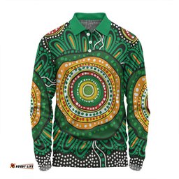 Australia Aboriginal Long Sleeve Polo Shirt - Green Aboriginal Style Dot Painting Long Sleeve Polo Shirt
