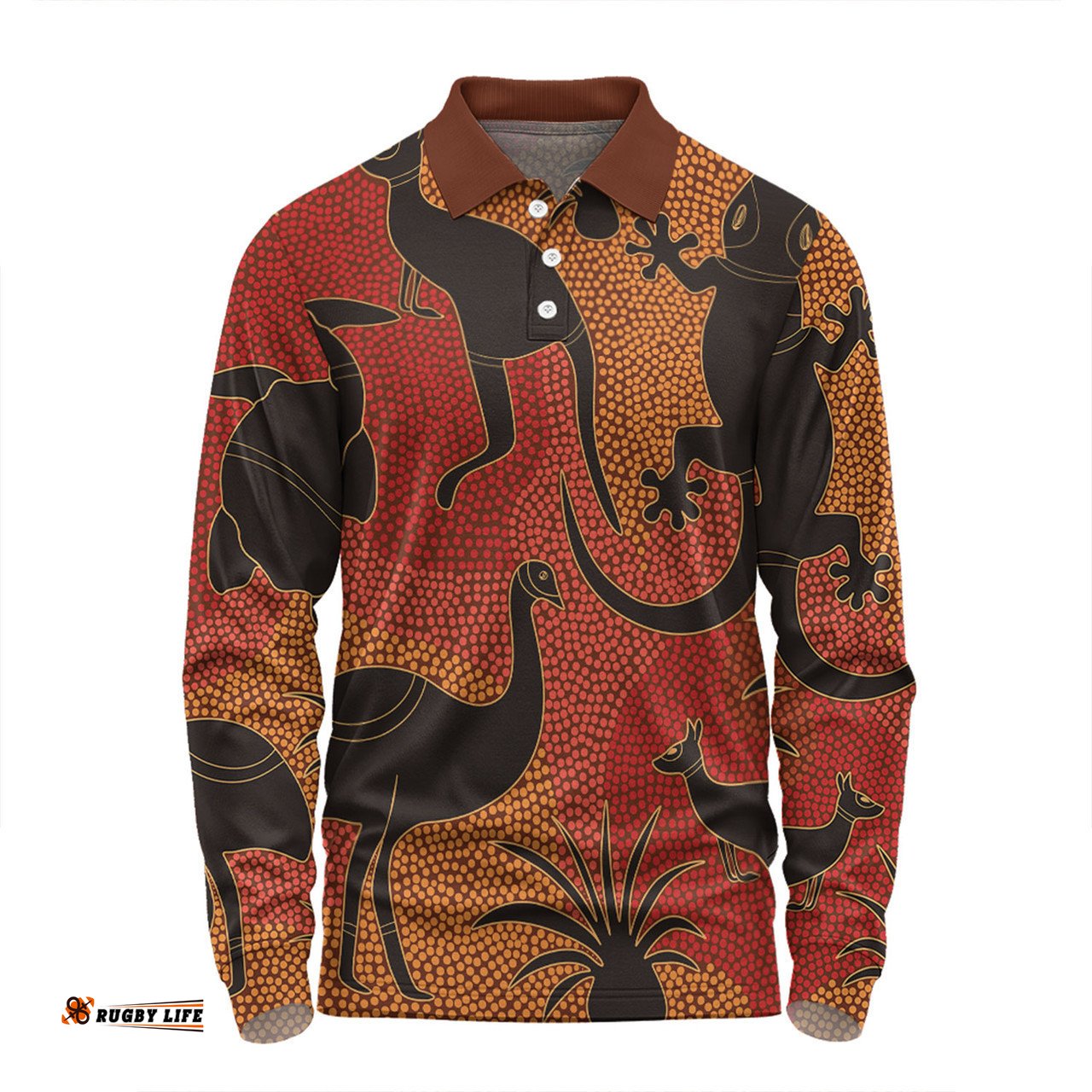 Australia Aboriginal Long Sleeve Polo Shirt - Aboriginal Dot Art With Animals Long Sleeve Polo Shirt