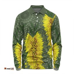 Australia Aboriginal Long Sleeve Polo Shirt - Yellow Bottle Brush Flora In Aboriginal Painting Long Sleeve Polo Shirt