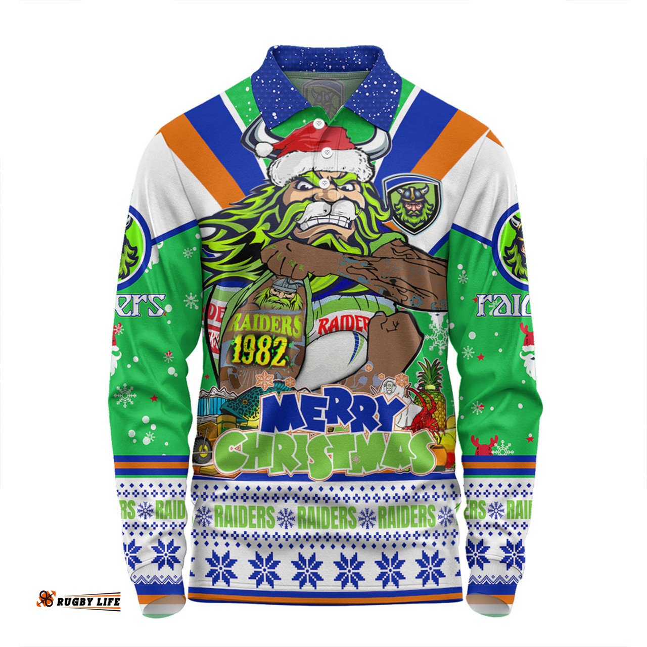 Canberra Raiders Christmas Custom Long Sleeve Polo Shirt - Canberra Viking Santa Aussie Big Things Long Sleeve Polo Shirt