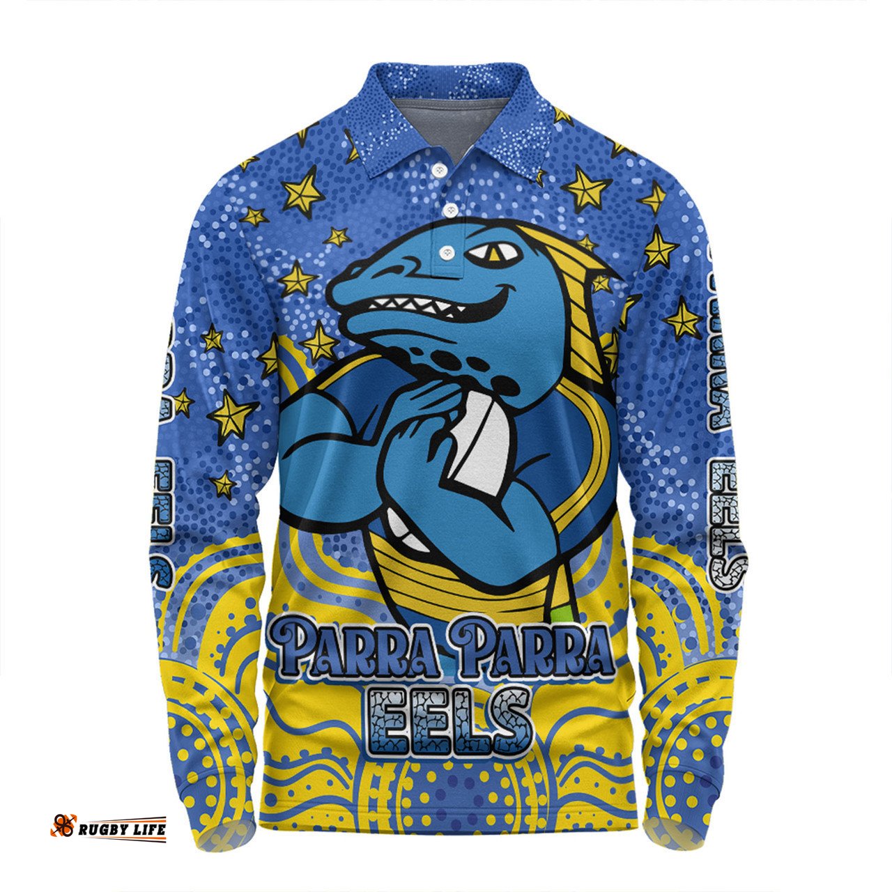 Parramatta Eels Custom Long Sleeve Polo Shirt - Custom With Aboriginal Inspired Style Of Dot Painting Patterns  Long Sleeve Polo Shirt