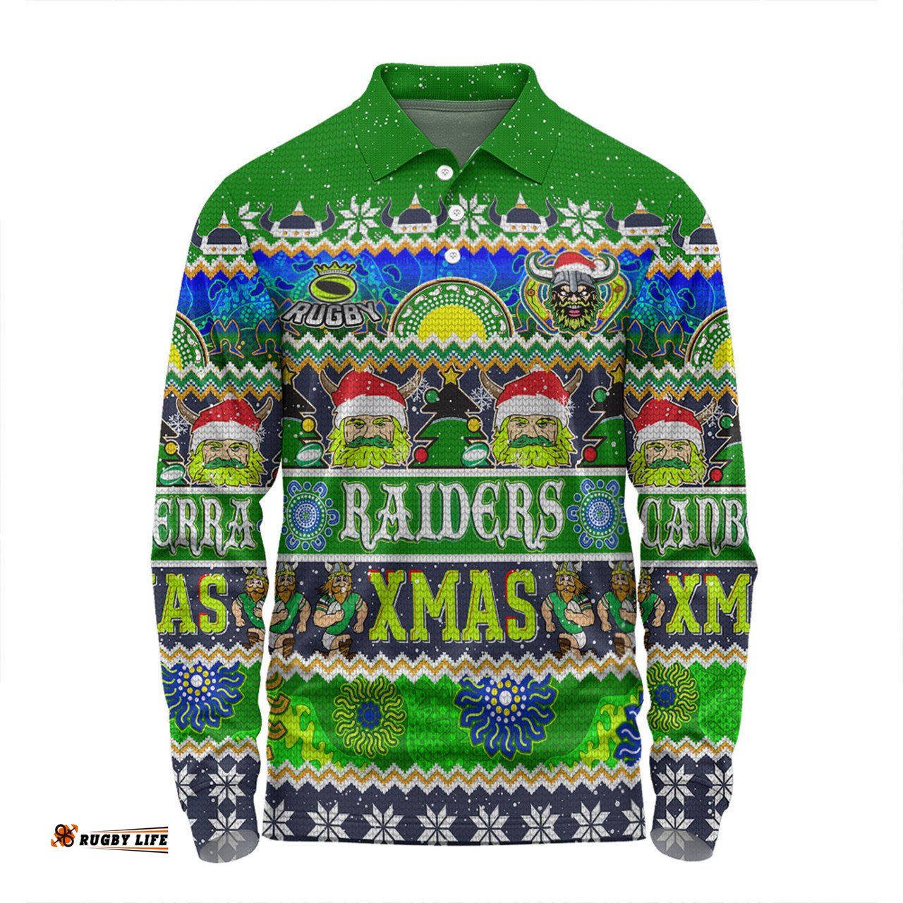 Canberra Raiders Christmas Aboriginal Custom Long Sleeve Polo Shirt - Indigenous Knitted Ugly Xmas Style Long Sleeve Polo Shirt