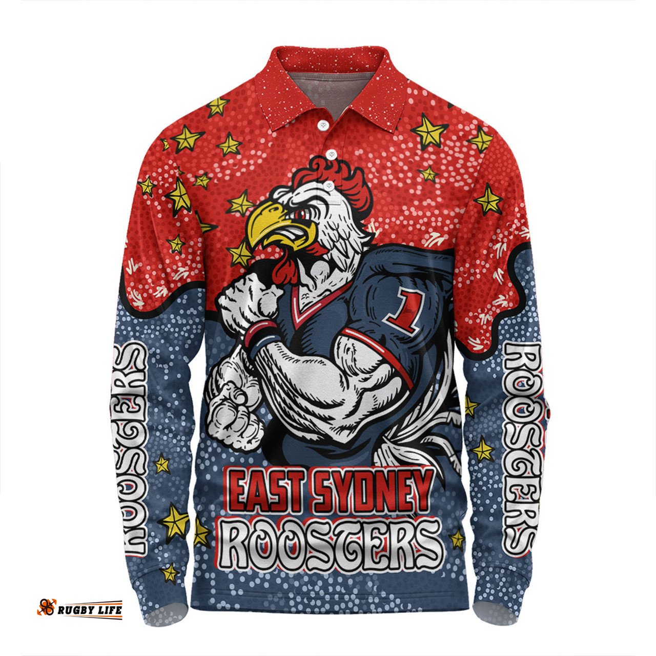 Sydney Roosters Custom Long Sleeve Polo Shirt - Team With Dot And Star Patterns For Tough Fan Long Sleeve Polo Shirt
