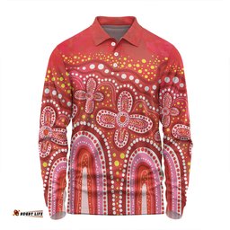 Australia Aboriginal Long Sleeve Polo Shirt - Dot painting illustration in Aboriginal style Red Long Sleeve Polo Shirt