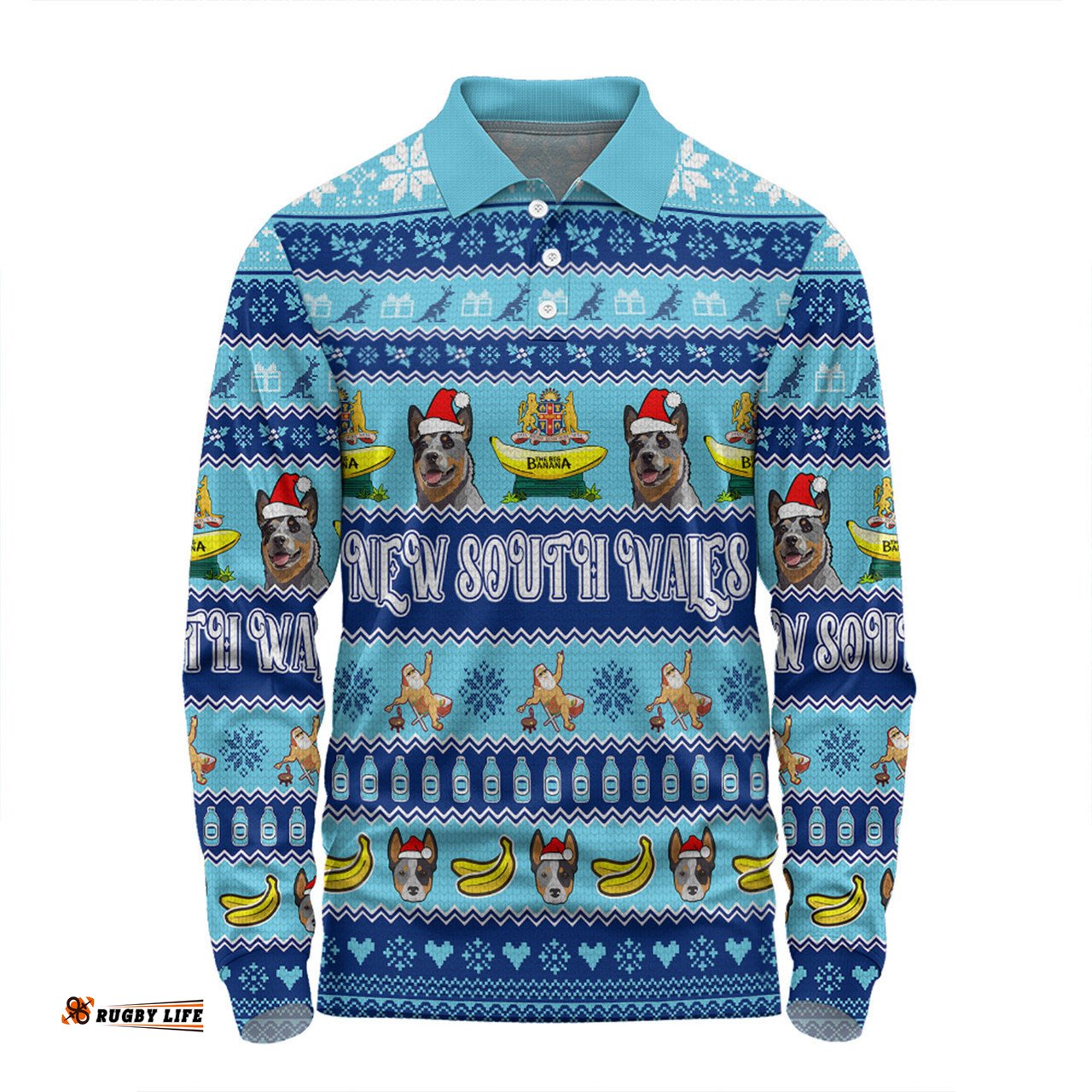 New South Wales Big Things Christmas Custom Long Sleeve Polo Shirt - The Big Banana And Blue Heeler Long Sleeve Polo Shirt