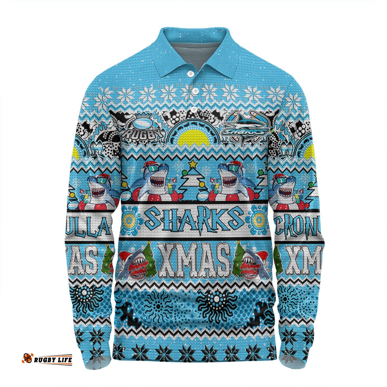 Cronulla-Sutherland Sharks Christmas Aboriginal Custom Long Sleeve Polo Shirt - Indigenous Knitted Ugly Xmas Style Long Sleeve Polo Shirt