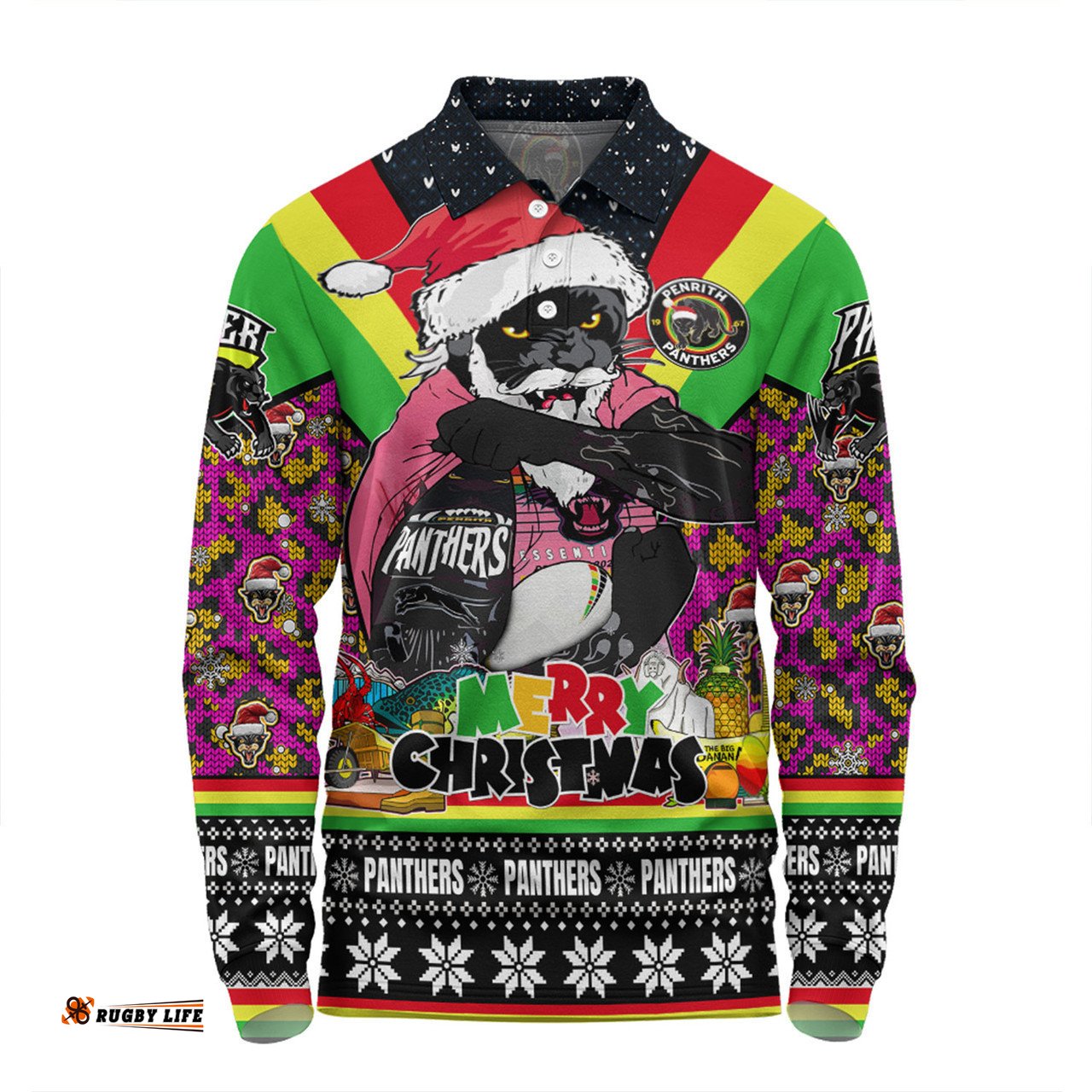 Penrith Panthers Christmas Custom Long Sleeve Polo Shirt - Penrith Panthers Santa Aussie Big Things Christmas Long Sleeve Polo Shirt