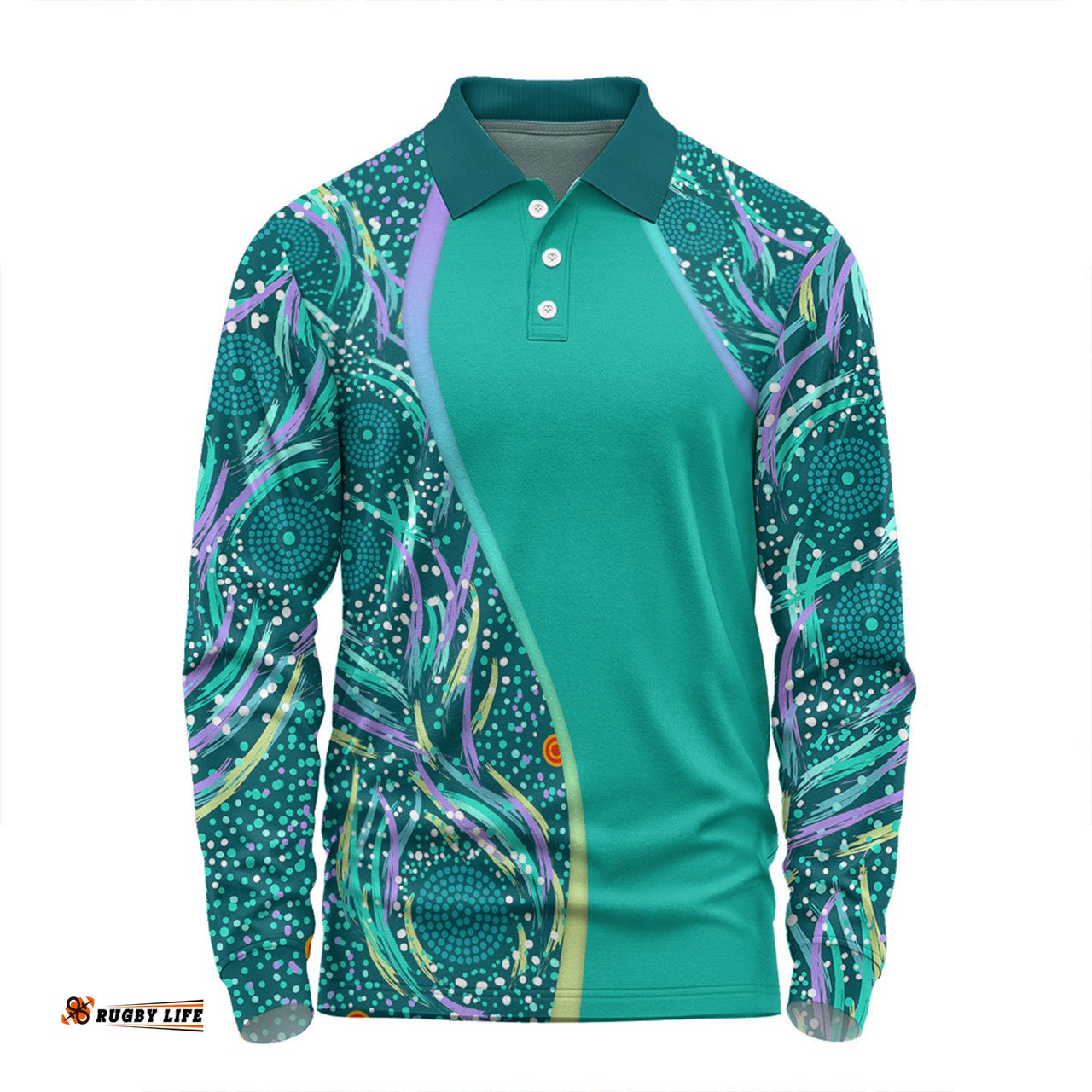 Australia Aboriginal Custom Long Sleeve Polo Shirt - Turquoise Dot Dreamtime Long Sleeve Polo Shirt