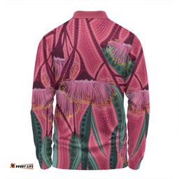 Australia Flowers Aboriginal Long Sleeve Polo Shirt - Aboriginal Dot Art Of Australian Native Eucalyptus Tree Branch Long Sleeve Polo Shirt