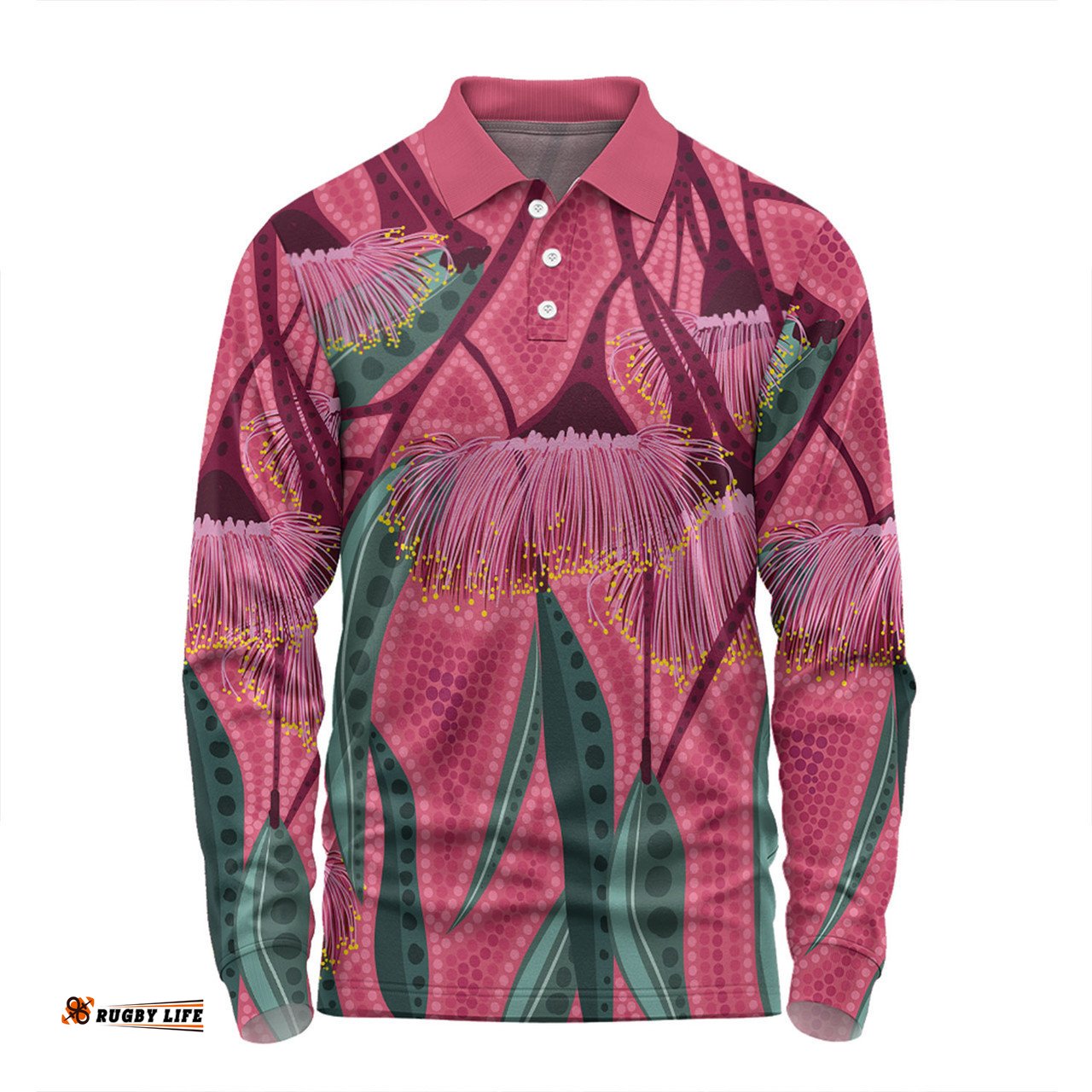 Australia Flowers Aboriginal Long Sleeve Polo Shirt - Aboriginal Dot Art Of Australian Native Eucalyptus Tree Branch Long Sleeve Polo Shirt
