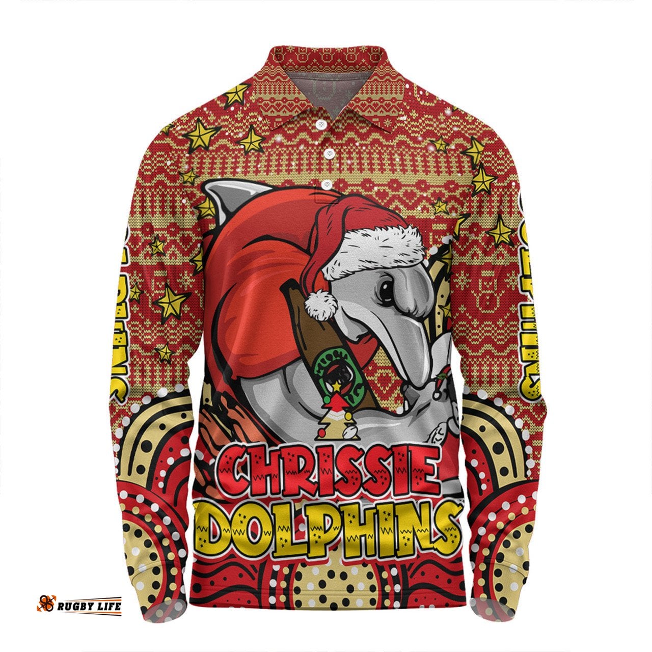 Redcliffe Dolphins Christmas Custom Long Sleeve Polo Shirt - Christmas Knit Patterns Vintage Jersey Ugly Long Sleeve Polo Shirt