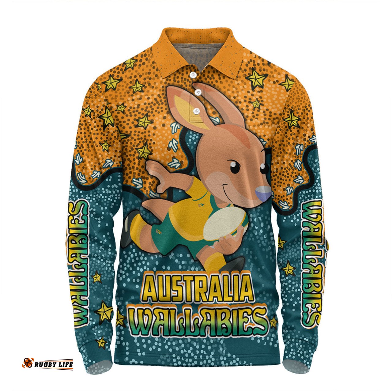 Australia Wallabies Custom Long Sleeve Polo Shirt - Team With Dot And Star Patterns For Tough Fan Long Sleeve Polo Shirt