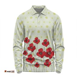Australia Aboriginal Long Sleeve Polo Shirt - Poppy Flowers Background In Aboriginal Dot Art Style Long Sleeve Polo Shirt