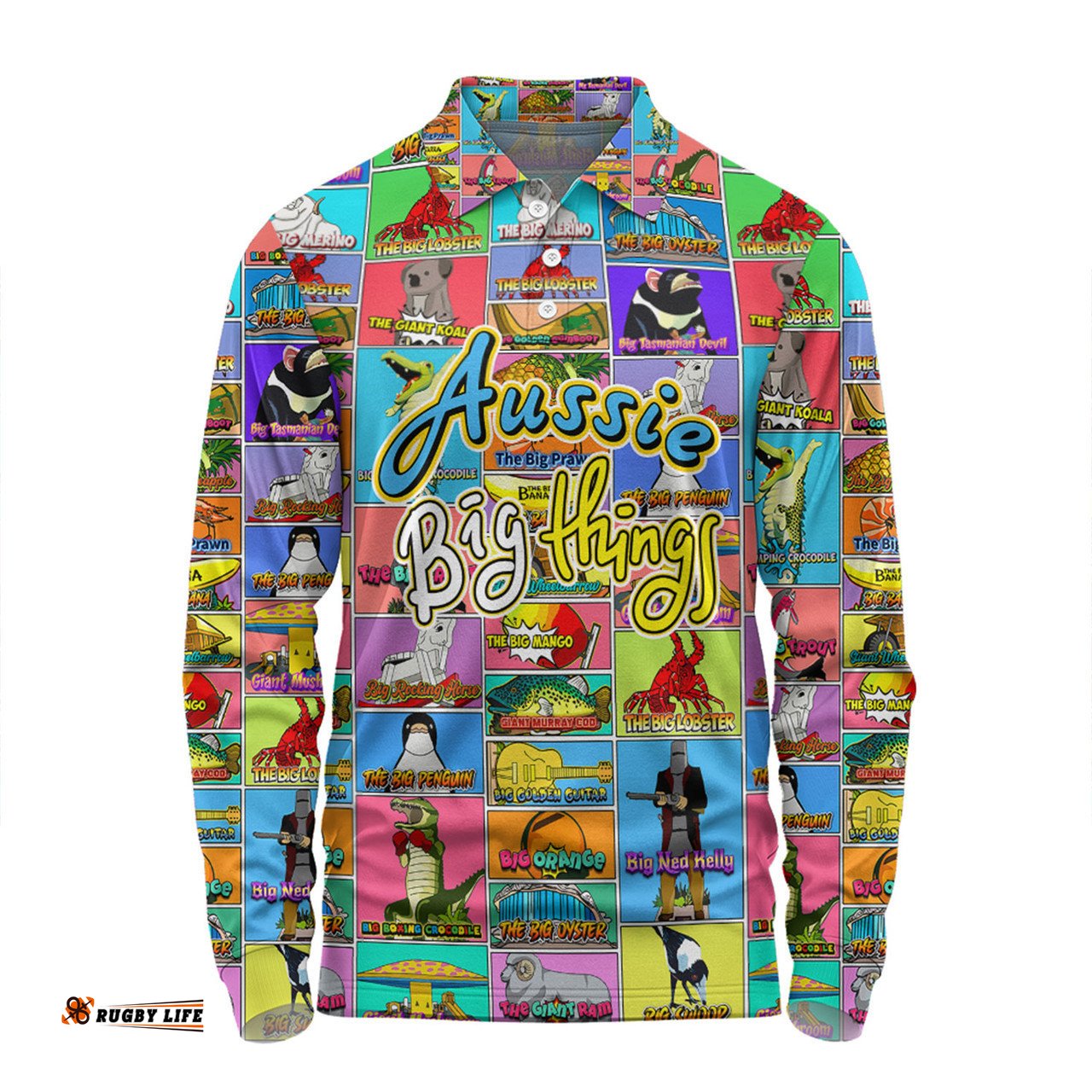 Australia Long Sleeve Polo Shirt - Australia's Iconic Big Things Postage Stamps Style Long Sleeve Polo Shirt