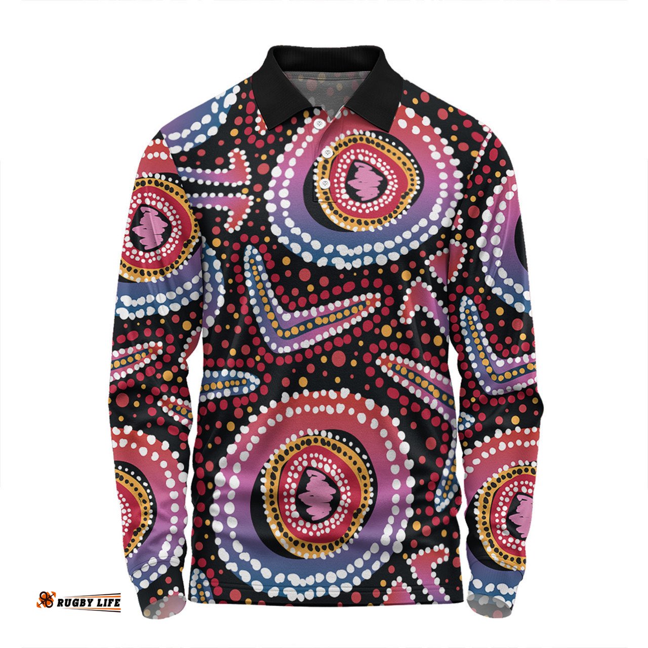 Australia Dot Painting Inspired Aboriginal Long Sleeve Polo Shirt - Boomerang From Aboriginal Art Long Sleeve Polo Shirt