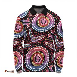 Australia Dot Painting Inspired Aboriginal Long Sleeve Polo Shirt - Boomerang From Aboriginal Art Long Sleeve Polo Shirt