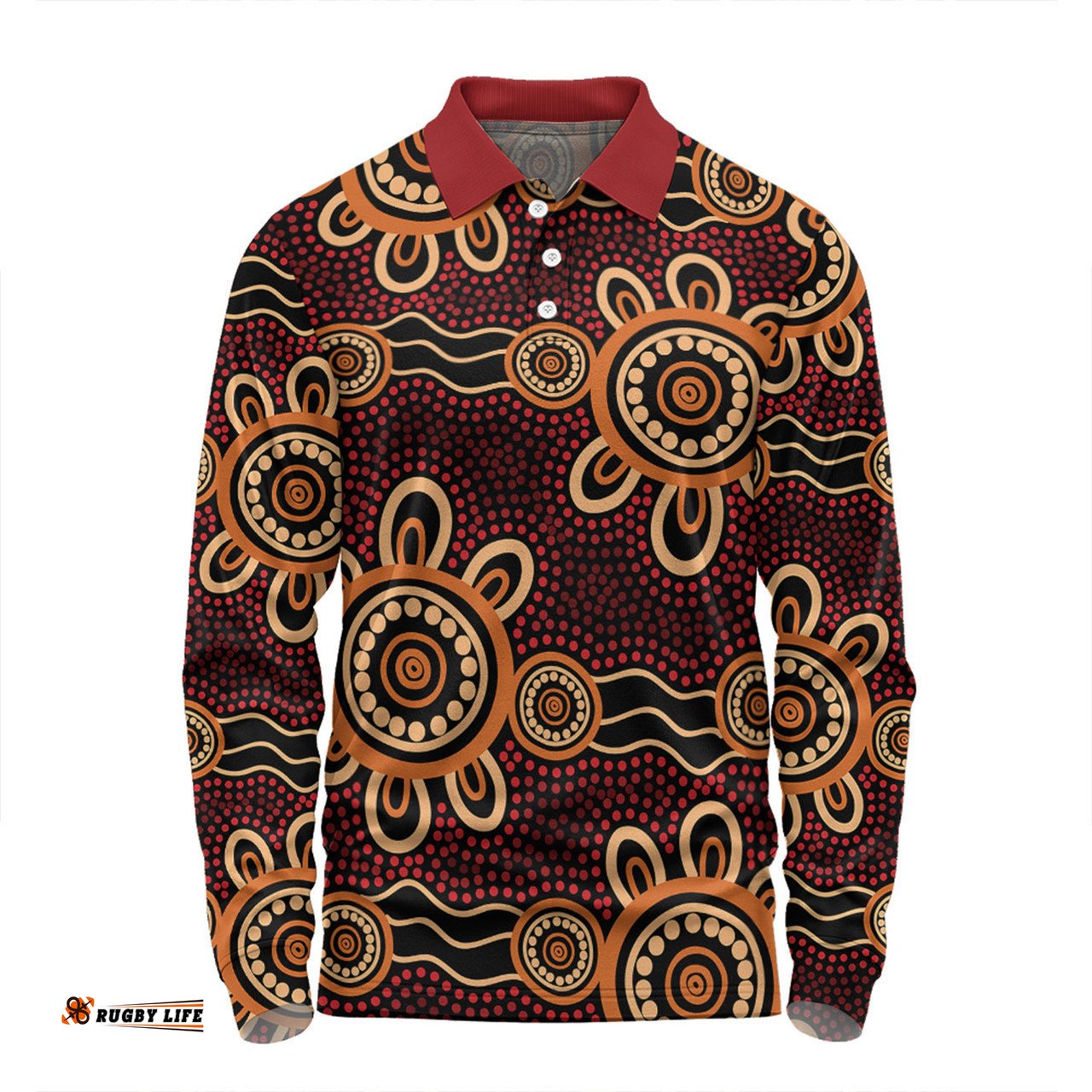 Australia Dot Painting Inspired Aboriginal Long Sleeve Polo Shirt - Aboriginal Dot Pattern Painting Art Long Sleeve Polo Shirt