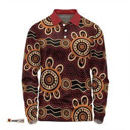 Australia Dot Painting Inspired Aboriginal Long Sleeve Polo Shirt - Aboriginal Dot Pattern Painting Art Long Sleeve Polo Shirt