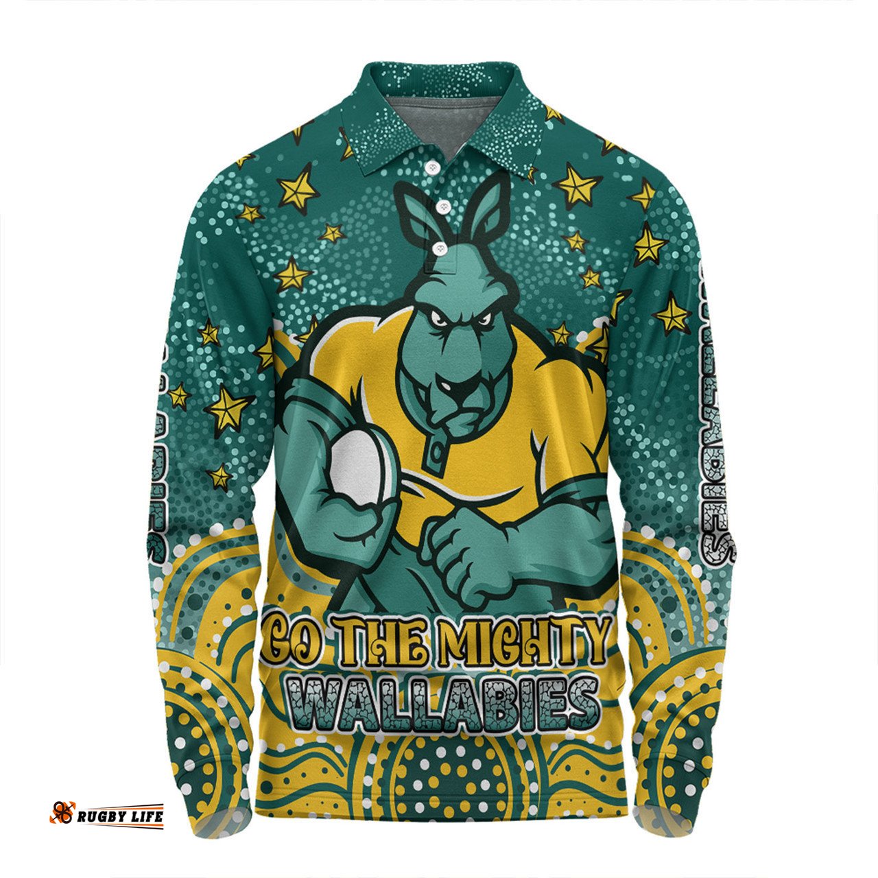 Australia Wallabies Custom Long Sleeve Polo Shirt - Custom With Aboriginal Inspired Style Of Dot Painting Patterns  Long Sleeve Polo Shirt