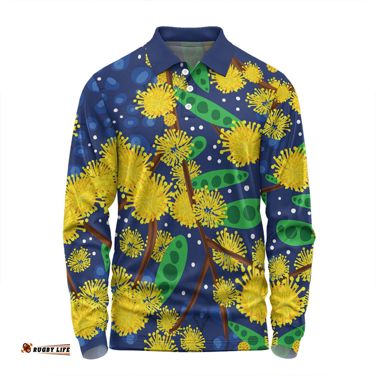 Australia Aboriginal Long Sleeve Polo Shirt - Australian Yellow Wattle Flower Artwork Long Sleeve Polo Shirt