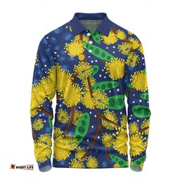 Australia Aboriginal Long Sleeve Polo Shirt - Australian Yellow Wattle Flower Artwork Long Sleeve Polo Shirt