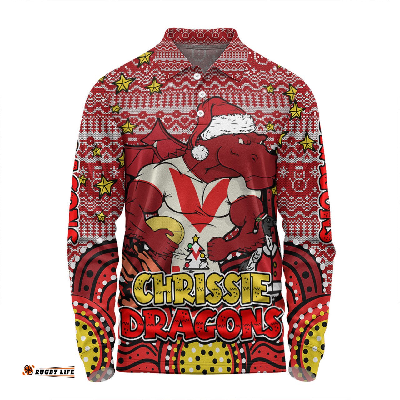 St. George Illawarra Dragons Christmas Custom Long Sleeve Polo Shirt - Christmas Knit Patterns Vintage Jersey Ugly Long Sleeve Polo Shirt