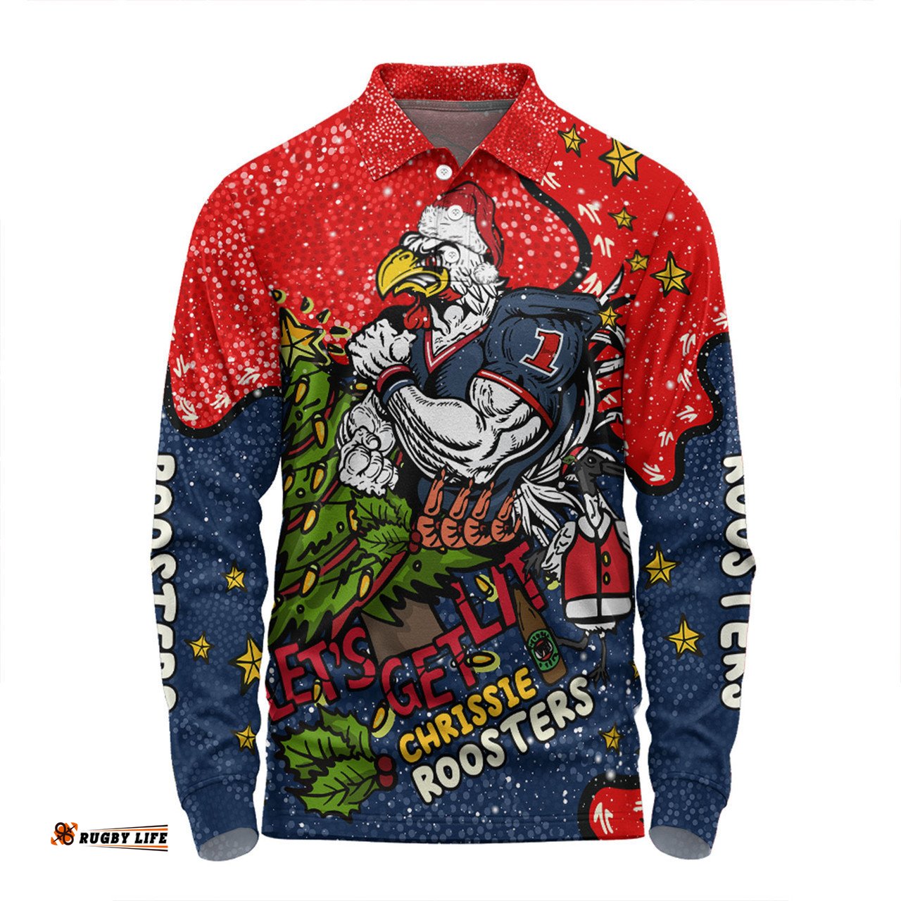 Sydney Roosters Christmas Custom Long Sleeve Polo Shirt - Let's Get Lit Chrisse Pressie Long Sleeve Polo Shirt