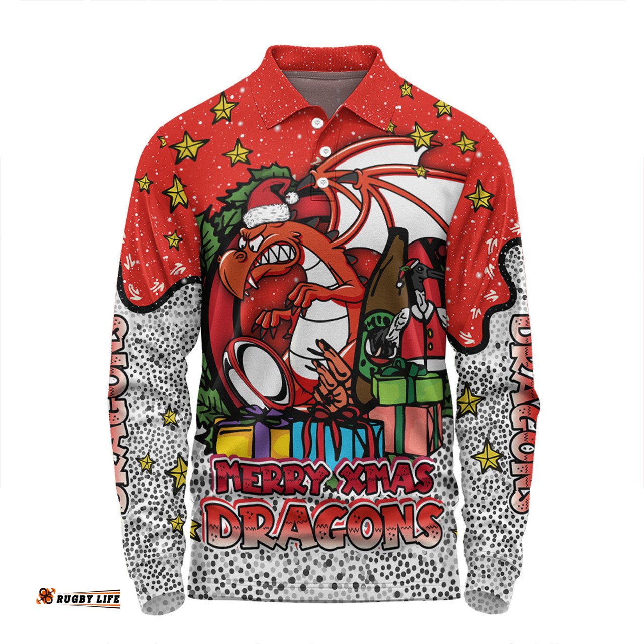 St. George Illawarra Dragons Christmas Custom Long Sleeve Polo Shirt - Merry Christmas Our Beloved Team With Aboriginal Dot Art Pattern Long Sleeve Polo Shirt