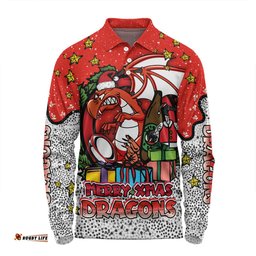 St. George Illawarra Dragons Christmas Custom Long Sleeve Polo Shirt - Merry Christmas Our Beloved Team With Aboriginal Dot Art Pattern Long Sleeve Polo Shirt