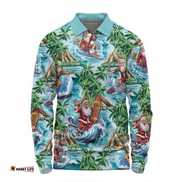 Australia Christmas Surfing Long Sleeve Polo Shirt - Funny Santa Surfing Christmas Long Sleeve Polo Shirt