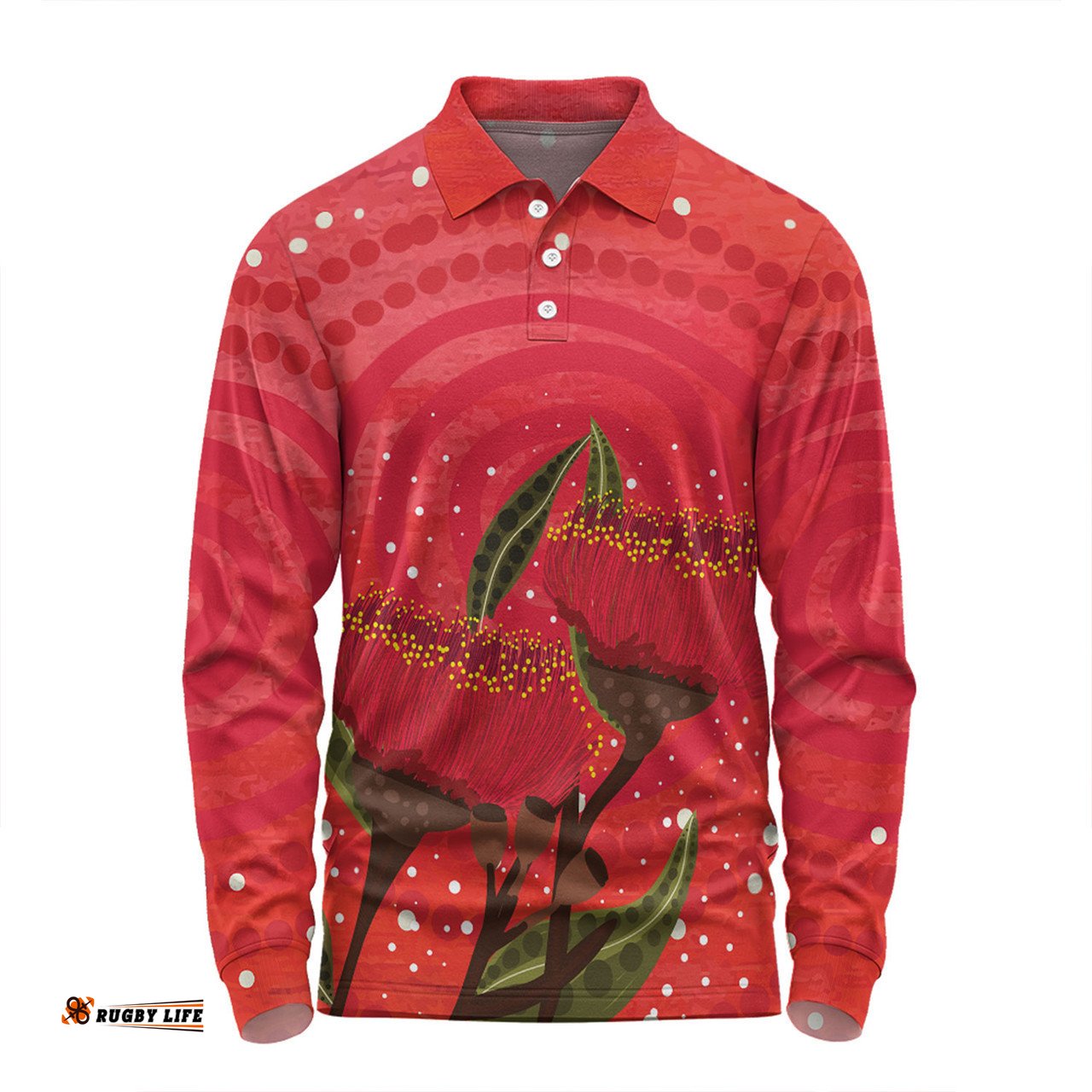 Australia Aboriginal Long Sleeve Polo Shirt - Red Aboriginal Art With Eucalyptus Flowers Long Sleeve Polo Shirt