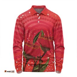 Australia Aboriginal Long Sleeve Polo Shirt - Red Aboriginal Art With Eucalyptus Flowers Long Sleeve Polo Shirt