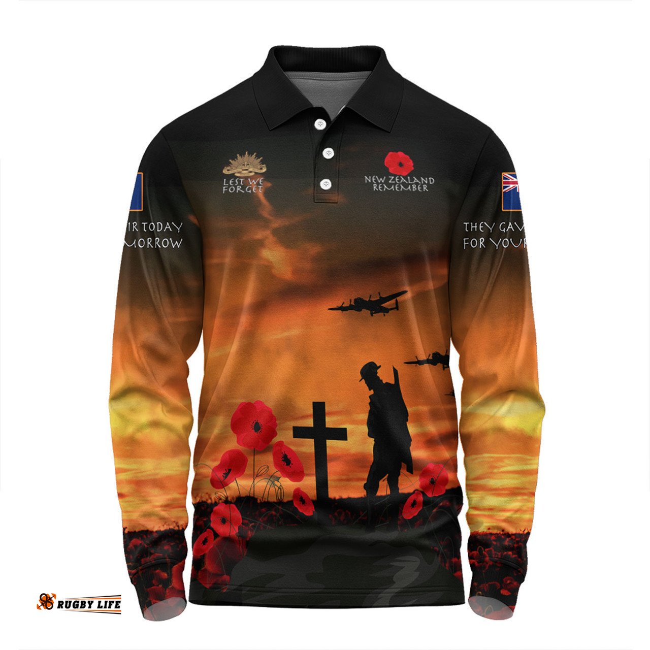 New Zealand Warriors Anzac Day Long Sleeve Polo Shirt - New Zealand Warriors Remember Orange Long Sleeve Polo Shirt