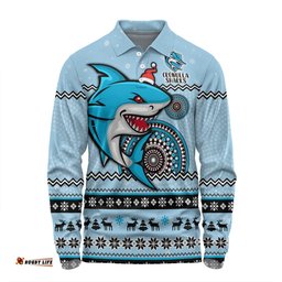 Cronulla-Sutherland Sharks Christmas Custom Long Sleeve Polo Shirt - Ugly Xmas And Aboriginal Patterns For Die Hard Fan Long Sleeve Polo Shirt