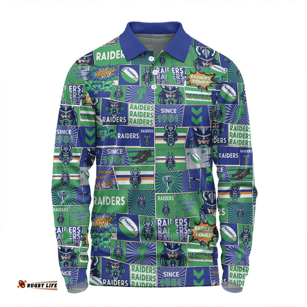 Canberra Raiders Long Sleeve Polo Shirt - Team Of Us Die Hard Fan Supporters Comic Style Long Sleeve Polo Shirt
