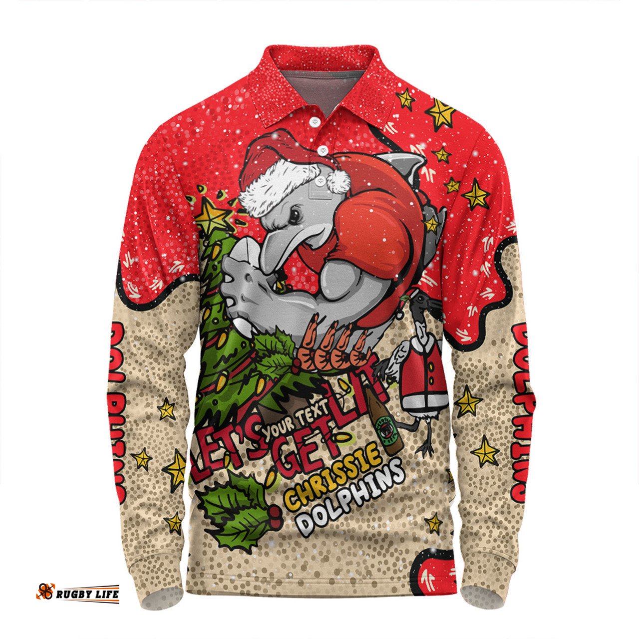 Redcliffe Dolphins Christmas Custom Long Sleeve Polo Shirt - Let's Get Lit Chrisse Pressie Long Sleeve Polo Shirt
