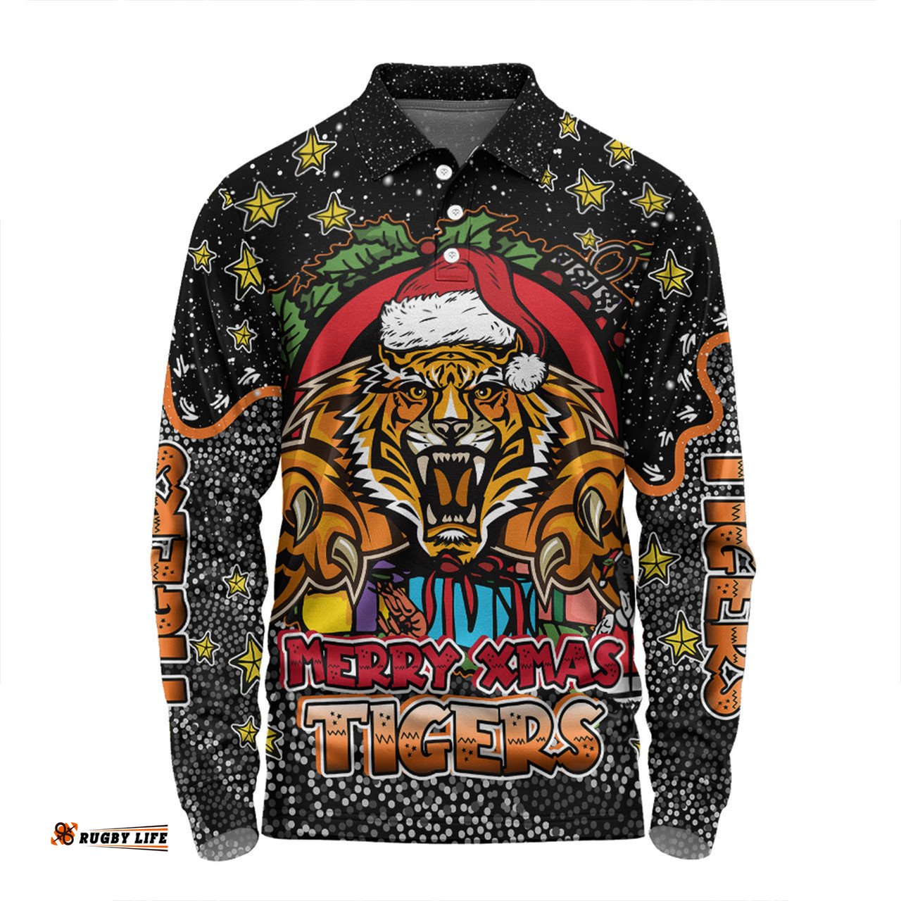 Wests Tigers Christmas Custom Long Sleeve Polo Shirt - Merry Christmas Our Beloved Team With Aboriginal Dot Art Pattern Long Sleeve Polo Shirt