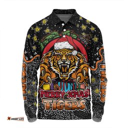 Wests Tigers Christmas Custom Long Sleeve Polo Shirt - Merry Christmas Our Beloved Team With Aboriginal Dot Art Pattern Long Sleeve Polo Shirt