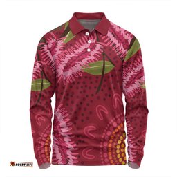 Australia Flowers Aboriginal Long Sleeve Polo Shirt - Pink Bottle Brush Flora In Indigenous Painting Long Sleeve Polo Shirt