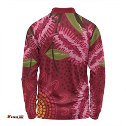Australia Flowers Aboriginal Long Sleeve Polo Shirt - Pink Bottle Brush Flora In Indigenous Painting Long Sleeve Polo Shirt