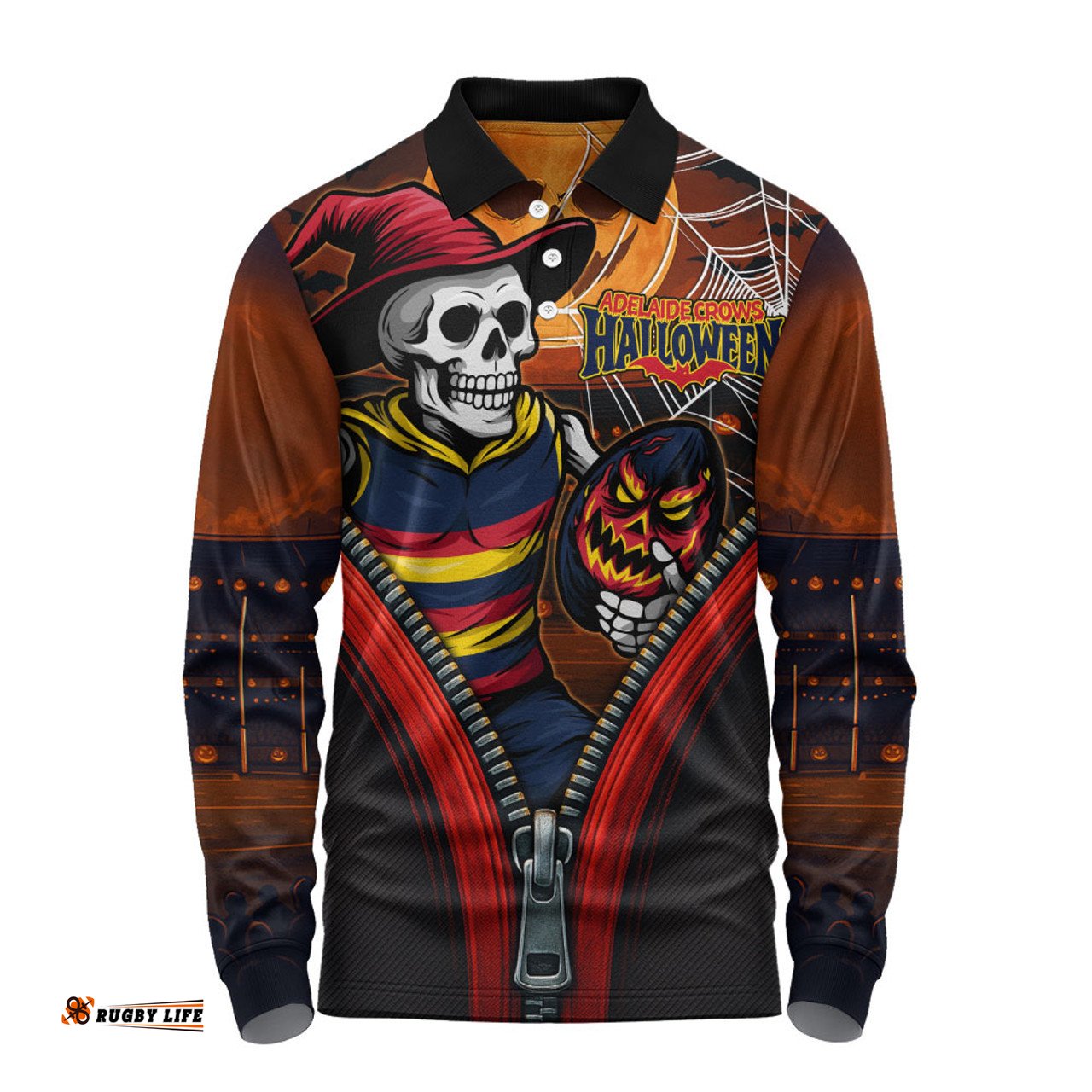 Amazing Aussie Adelaide Crows Halloween Night Reaper Zipper Long Sleeve Polo Shirt