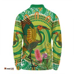 Amazing Aussie Australia Aboriginal Brolga Bird Dancing With Australia Native Flowers V2 Long Sleeve Polo Shirt